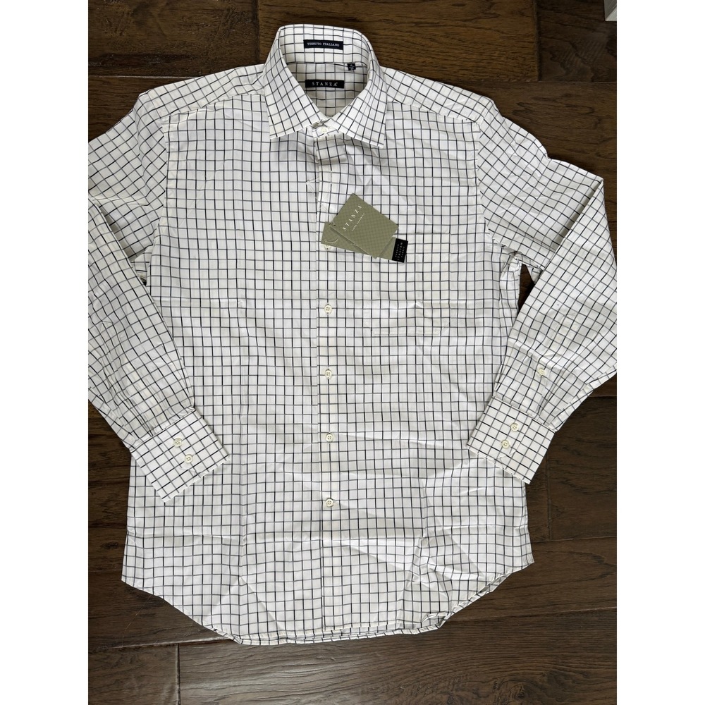 NWT Stanza Windowpane‎ Italian Cotton Dress Shirt 15/39